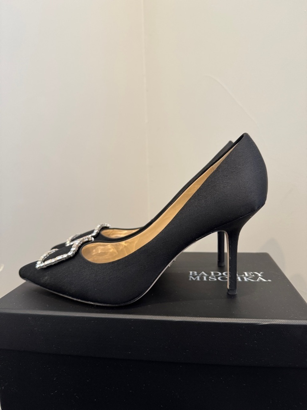 Badgley Mischka Devi Black Satin Pointed Pumps with Crystal Square Buckle - Picture 3 of 8